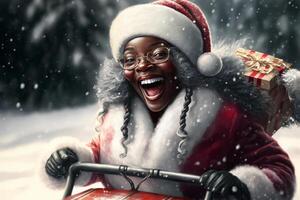 Happy black female Santa Claus bringing gifts on her sled. . photo