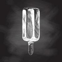 A hand-drawn sketch of ice cream, popsicle on a stick in chocolate isolated on chalkboard background. Vintage illustration. Element for the design of labels, packaging and postcards. vector