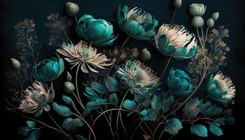 , Close up of blooming flowerbeds of amazing teal flowers on dark moody floral textured background. Photorealistic effect. photo