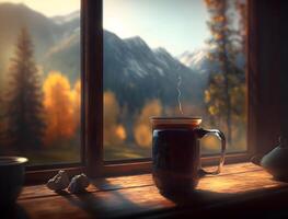 Morning Tea with a View, Enjoying a Cup of Hot Tea with a Mountain Landscape Through the Window, photo