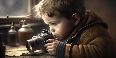 pequeño chico observando y documentando con dslr cámara, ai generado foto