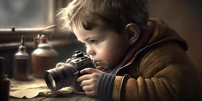 Little Boy Observing and Documenting with DSLR Camera, photo