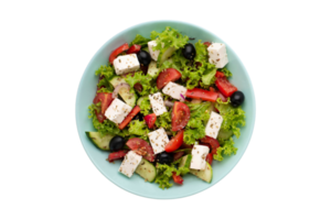 Blue bowl with fresh salad and cheese isolated on a transparent background png