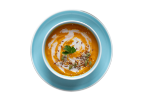 Blue plate and bowl with tomato soup isolated on a transparent background png