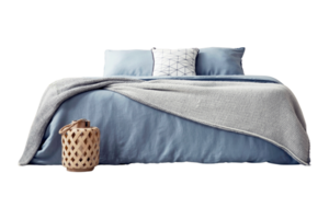 Bed with blue bed sheets, pillows and beige basket isolated on a transparent background