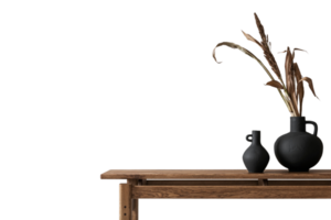 marron en bois côté table avec noir des vases et séché feuilles isolé sur une transparent Contexte png