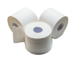 three rolls of white tissue paper or napkin in stack prepared for use in toilet or restroom are isolated with clipping path and shadow in png format