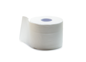 Close up photo of single roll of white tissue paper or napkin prepared for use in toilet or restroom isolated with clipping path and shadow in png format