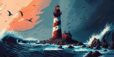 lighthouse huge ocean on a windy weather day created with Generative AI technology photo