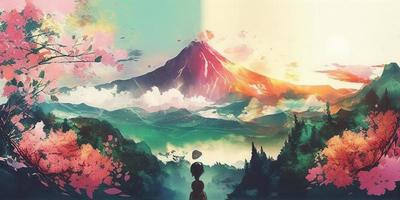 A landscape with a mountain and a girl looking at the sky watercolor colorful created with Generative AI technology photo