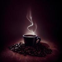 A black coffee cup with steam rising from it in a dark background with low light, created with Generative AI technology photo