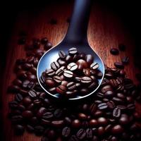 A spoon with coffee beans on it and a black background created with Generative AI technology photo