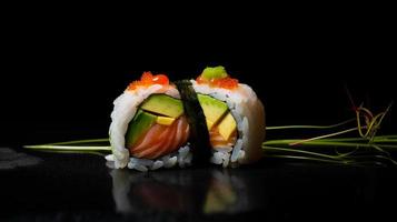 A sushi roll with avocado and avocado on it. Generative AI photo