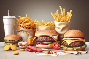 Fast food set. Hamburger, cheeseburger, cola, french fries, burger and hamburger. AI photo