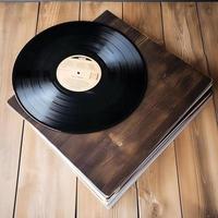 Vinyl record on a wooden table. Vintage vinyl record on a wooden background AI photo