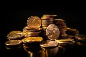 oro monedas en un mesa con oscuro antecedentes ai foto