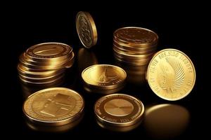 oro monedas en un mesa con oscuro antecedentes ai foto