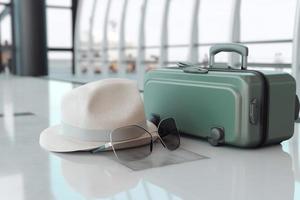 suitcase travel luggage in airport 3d render AI photo