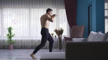 giovane uomo shadowboxing a casa per mantenere il suo fitness e fitness giovane pugile fare ombra boxe a casa come un' vivace esercizio. video
