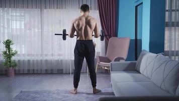 Young man doing barbell curls. Athlete young man trains at home. Young athlete doing barbell curl alone at home. video
