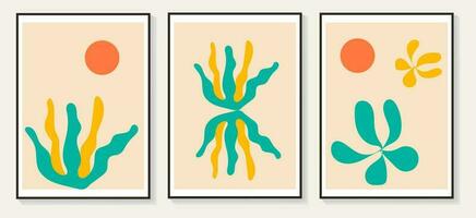 Set of abstract flower posters. Trendy botanical wall arts with floral design in danish pastel colors. Modern naive groovy funky interior decorations, paintings. Vector art illustration