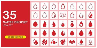water drop icon set, vector illustration. Flat design style, red color. 35 water icon collection in red color. The water symbol can also be used as a blood symbol