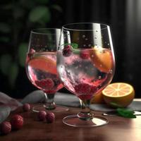 Cocktail with lemon and raspberries on a wooden background AI photo