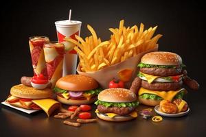 Fast food set. Hamburger, cheeseburger, cola, french fries, burger and hamburger. AI photo