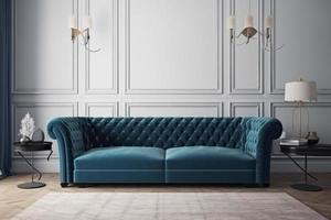 A blue couch in a living room with a blue wall behind it AI generate photo