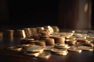 oro monedas en un mesa con oscuro antecedentes ai foto