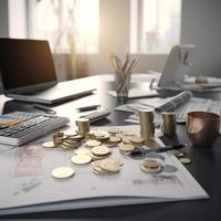 gold coins on a table office AI photo