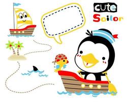 Funny birds wearing sailor hat on boat, sailing elements cartoon vector