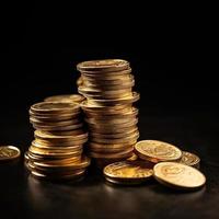 gold coins on a table with dark background AI photo