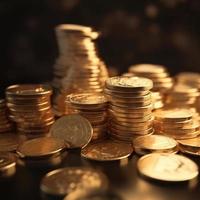 oro monedas en un mesa con oscuro antecedentes ai foto