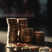 gold coins on a table with dark background AI photo