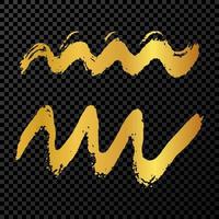 Gold grunge brush strokes. Set of two painted brush ink wave lines. Ink spot isolated on dark background. Vector illustration