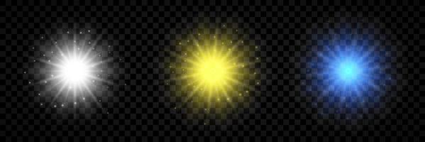 Light effect of lens flares. Set of three white, yellow and blue glowing lights starburst effects with sparkles vector