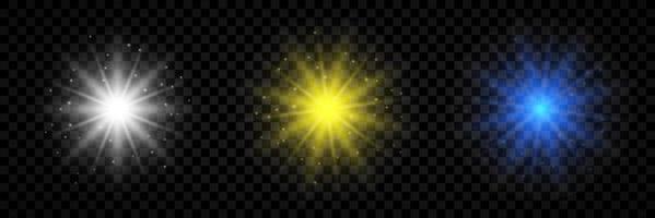 Light effect of lens flares. Set of three white, yellow and blue glowing lights starburst effects with sparkles vector