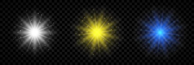 Light effect of lens flares. Set of three white, yellow and blue glowing lights starburst effects with sparkles