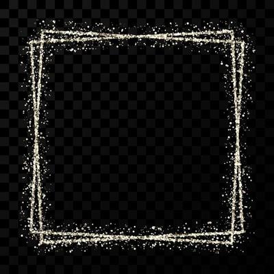 Silver double square frame. Modern shiny frame with light effects isolated on dark
