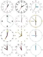 un conjunto de diferente mecánico relojes con un imagen de cada de el doce horas. reloj cara en blanco antecedentes. vector
