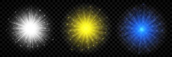 Light effect of lens flares. Set of three white, yellow and blue glowing lights starburst effects with sparkles vector