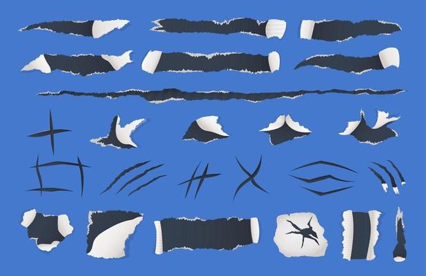 Vector set of torn paper and holes in it. Cut and torn paper.