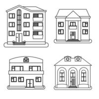 Set of four houses in thin line style on white background. Vector illustration.