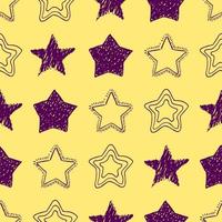 Seamless background of doodle stars. Purple hand drawn stars on yellow background. Vector illustration