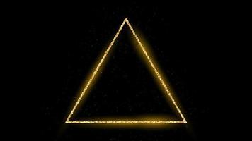 Golden triangle frame with glitter, sparkles and flares on dark background. Empty luxury backdrop. Vector illustration.