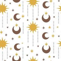 Seamless space pattern with sun, crescent, planets and stars on white background. vector