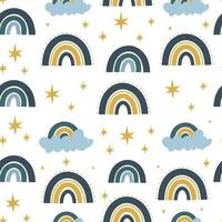 Color pattern with rainbows, clouds and stars. vector