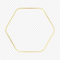 Gold glowing rounded hexagon frame isolated on background. Shiny frame with glowing effects. Vector illustration.