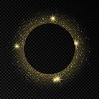 Golden circle frame with glitter, sparkles and flares on dark background. Empty luxury backdrop. Vector illustration.